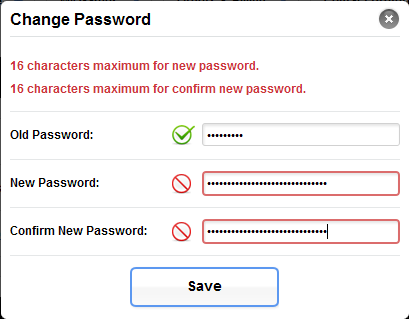 16 characters maximum for new password.